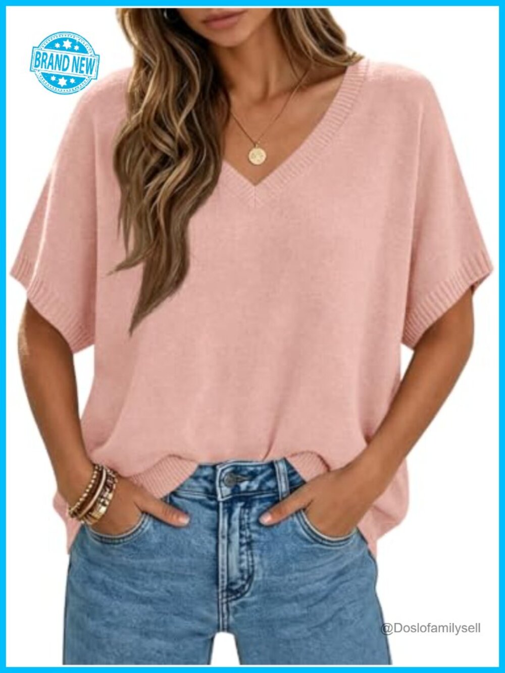 Oversized Batwing Short Sleeve V-Neck Knit Pullover Sweater